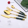 Flatware Sets 4/8/16Pcs Green Gold Stainless Steel Cutlery Tableware Set Ceramic Handle Tea Fork Spoon Knife Dishwasher Safe Dinner SetFlatw