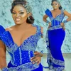 2022 Plus Size Arabic Aso Ebi Blue Luxurious Mermaid Prom Dresses Lace Pärled Evening Formal Party Second Reception Birthday Engagement Gowns Dress ZJ623