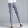 Przyjazd Summer Korea Fashion Elegancki wysoki talia cienkie Casual Harem Pants Kobiety w paski bawełniane spodnie lniane 10299 220725