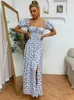 Ditsy Floral Print Puff Sleeve Tie Front High Split Dress Women Ruched Drawstring Party Long Dress Vestidos Sundress 220513