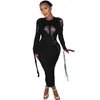 Womens Dresses Personalized Burnt Flower Woven Long Sleeve Lace Up Sexy Dress