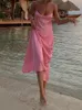 Abiti per camis rosa lunghi donne in raso taglio abito senza maniche slip femmina abiti da festa sexy senza schienale abito midi a fessura 220512
