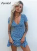 Foridol bleu imprimé fleuri été robe de plage femmes décontracté vacances robe à manches courtes Boho robe d'été robes vêtements de mode 220531