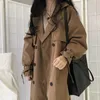 Trench feminina casacos chiques femininos vintage marrom casual feminino longo lapes de lapela longa faixas soltas ladras casaco