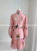 Sukienki zwykłe projektant High-end Spring Summer Linen Róż Krótkie sukienki Kobiety Długie rękawy Drukuj jednokierunkowy sukienka