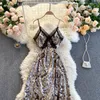 New women's summer spaghetti strap lace patched snake skin patched high waist midi long satin fabric dress SMLXL