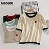 GIGOGOU printemps été tricoté demi manches t-shirt Oneck lâche haut décontracté mode broderie dames t-shirt 220608