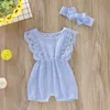 Kids Designer Clothes Girls Summer Boutique Clothing Sets Baby Solid Lace Cotton Jumpsuits Headband Suits Breathable Casual Button Rompers Hairband Outfits B8092