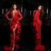 Glamorous Red Prom Vestidos Cansado Ruffles Profundo Decote Em V Vestido de Noite Custom Made Lantejoulas Beading Side Dividir Trompete Celebridade Vestido de Festa 322