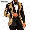 Men's Suits & Blazers Black Slim Fit Men With Beaded Embroidery 2 Piece Shawl Lapel Designer Grooms Blazer Wedding Tuxedos Gold Jacket And