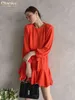 Clacive Mode Orange Femmes Robe 2022 Casual O-cou À Manches Longues Bureau Lady Mini Robes Élégant À Lacets À Volants Robe Femme T220804