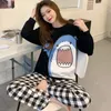 Qweek Shark Print Plaid Pant Pyjamas Women Autumn Cute Sleepwear Black Pijama Kawaii Long Sleeve Pyjama Loungewear Home Suit PJS 220321