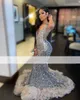 Sparkly Grey Sequins Prom Dresses Mor Beads Sheer Neck Mermaid Party Dress Black Girls Backless Ocn Evening Gowns