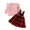 感謝祭の赤ちゃんガールズ服セットフリル長袖Tシャツトップス+チェックされたオーバーオールスカート2個/セットプリンセスパーティー服装