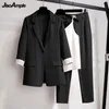 Kvinnors byxor Set Spring Aute Sough Jacket Suspenders Trousers Tre-Piece Koreanska Eleganta Top Blazers Coat Pantsuit 220315