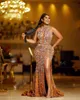 2022 Plus size Arabisch Arabisch Aso Ebi Gold luxueuze zeemeermin prom jurken kristallen kristallen avond formeel feest tweede receptie verjaardag verlovingsjurken jurk zj188