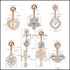 Body Arts Tattoos Art Health Beauty 316L Stainless Steel Heart Belly Button Ring 14G Zircon Dangle Flower Navel Piercing Jewe Dhgab