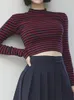 Crop Tops Women Chic All-Match Classic Stripe Slim Short Bustier Top Turtleneck Långärmad t-shirt Sexig skjortor Tee