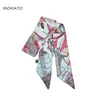 Design Feather Bird Bladeren Print Vrouw Silk Sjang Brand Bag Linten Kap Kleine lange sjaals Hoofdband