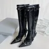 Zwarte Knie Hoge Laarzen Designer Vrouw Cagole Boot Cowboy Puntschoen Stud Sexy Echt Leer Stiletto Hakken Winter Lange Martin Booties