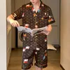 Women's Pajamas Set Luxury Style Fashion Poker Pattern Short Sleeve Couple Sleepwear Silk Like Leisure Home Clothes Nightwear 220321