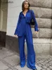 Bornladies Office Ladies Satin Blue Pantsuits Long Shirt and Pants 2 Piece Sets Women Outfits Casual Wide Legs Pants Suit 2022 T220729