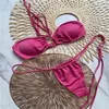 Pembe parıltılı bikini seti kadın moda mayo mayosu bandaj seksi bling mayolar seksi ped row-parça düz renkler basit stil