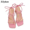 Sandals Eilyken Summer Pink Women Onkle Strappy High Heels Square Square Toe Party Heel Size 35-42 220317