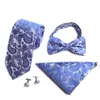 Cravates d'arc Casual Business Hommes Cravate Set Soie Pour Hommes Bleu Marine Noir Papillon Bowtie Mouchoir Boutons De Manchette Costume Floral CravatesBow Emel