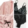 Women's Tracksuits Woman Sleepwear 4pcs Floral Lace Trim Satin Pajamas Set With Robe Sexy Faux Silk Pijamas Sets Casual Home Clothes Nightwe