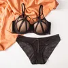 Black women's thick bra and panties set large size B C D cup bra cotton gathered steel ring push-up sexy underwear 220513