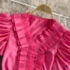 Women's Blouses & Shirts QOERLIN French Court V Neck Design Blouse Women Puff Sleeve Tops Ruffles Elegant Pink Cropped Elastic Waist Blusa