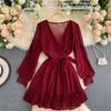 Sexy V Neck Polka Dot Chiffon Dress Women Red White Black High Waist Ruffle Mini Dresses Autumn Female Fashion Vestidos New 210319