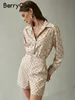 Berrygo Elegant Short Sets Silk Shirt For Women Fashion Long Sleeve Pocket Print Tweed Piece Set Set Summer Casual Work Satines Set 220611