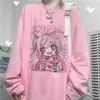 Qweek kawaii mulher tshirts cor-de-rosa moda bonito cópia camisa mulheres manga longa ops solto casual casual camisas 220321