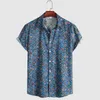 Men's Polos Summer Breathable Hawaiian Shirts Men Blue Floral Printed Short Sleeve Button Down Vacation Cotton And Linen Shirt Chemise Homme