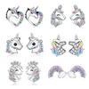 أقراط Unicorn Stud 925 Silver Multi Color Rhinestone Small Heart Cat قوس قزح حرك للنساء هدايا مجوهرات الأزياء الزفاف