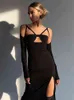 Cryptographic Elegant Sexy Backless Cutout Slit Long Sleeve Maxi Dress New Outfits For Women Party Club Bandage Dresses Clothing J220519