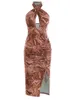 Hirign Women's Olcyless Slim Dress Halter Criss Cross Backless Ramble Print Body Dression Spilled 2022 Summer Beach Dress Y220526