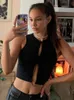 Black Crop Top Cut Out Women Sleeveless Sexy Tank 90s Solid Slim Drawstring Vest O Neck Camis Fairycore Y2K Clothes 220325