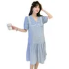 Nieuwe zwangerschapskleding Zoete Lace Patchwork Button Fly Zwangere vrouwen Chiffon Dress Blue Plus Size Maternity Aline Dress J220628