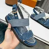 Designer tofflor Paseo Comfort Flat Sandal Women Sandaler Luxury Casual Shoes Platform Shoe Buckle Leather Loafers Denim Blue