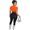 New Wholesale Women Tracksuits Summer Clothes Solid Outfits Short Sleeve Crop Top Shirt+Black Pants Two Piece Set Casual Matching Set Sports suits Bulk 7206