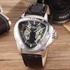 Relógios de punho Hip Hop Watch Mechanical for Men Unique Triangular Skeleton Dial Dial Design Black Leather Strap Trend Presentes Relógio 2022 M141WristWat