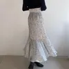 스커트 일본 기질 달콤한 주름 불규칙한 분할 하이 허리 슬림 한 우아한 긴 스커트 2022 가을 인쇄 Faldas Mujer