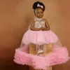 2022 Pink Ball Gown Flower Girl Dresses For Wedding See Through Crystal Beaded High Neck Puffy Tiered Little Girls Pageant Dress Toddler Första nattvards klänningar