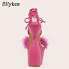 Sandali Eilyken Black Pink Feather Piattaforma donna Scarpe con lacci alla caviglia Strano tacco alto femminile Sandali con cinturino incrociato 220318