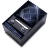 100 ٪ حرير العلامة التجارية TIE CLUFGLINK مجموعة للرجال NECKTIE HOLIDAT HIDE GIFT BOX الأزرق الذهب بدلة الذهب النحيف زفاف الجاذبية 220922