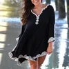 Robes décontractées Noir Bohème Brodé Poignet Manches Tunique D'été Robe De Plage Femme Beachwear Batwing Sexy Mini Pareos N668Casual