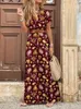 여성을위한 Boho Long Dress Fashion V Neck Short Sleeve Paisley 프린트 드레스 여름 벨트 대형 헴 비치 드레스 우아한 Maxi 드레스 220601